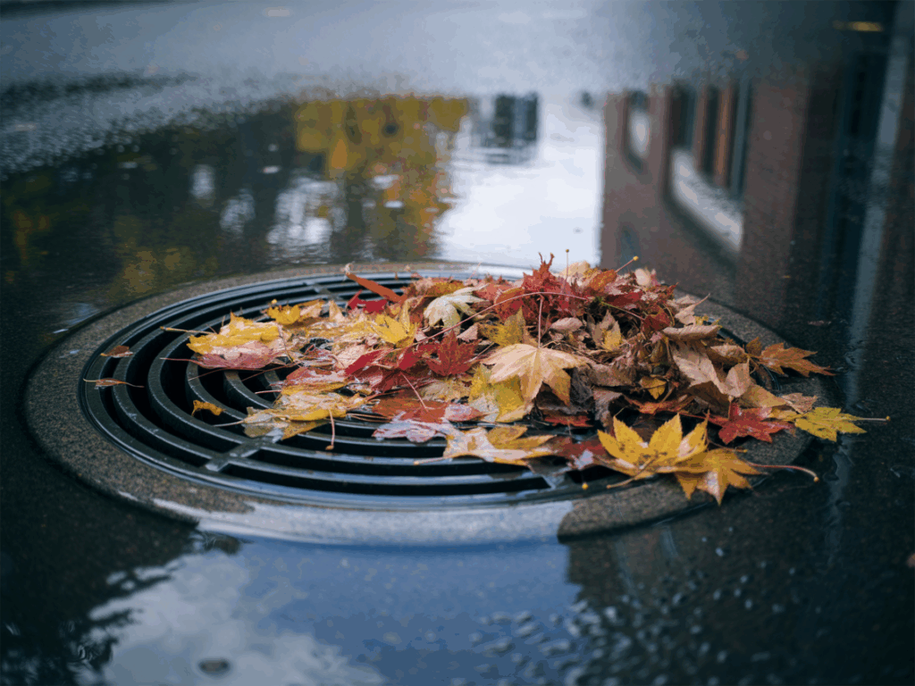 Clogged Storm Drain in Autumn
