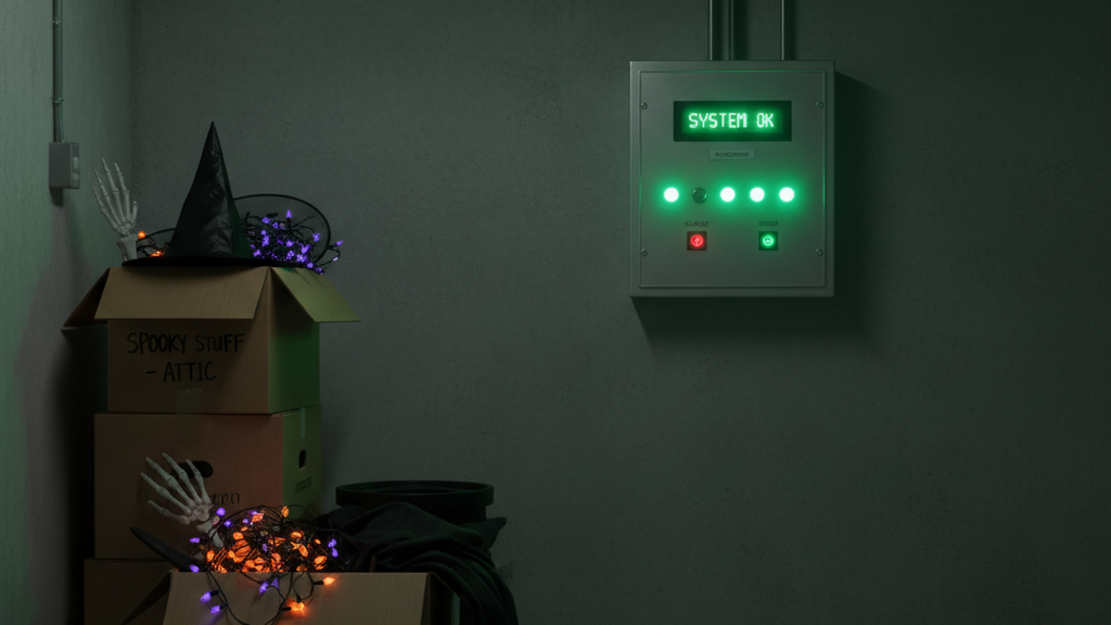 wastewater alarm panel glowing green (functioning properly) on the wall of a utility room