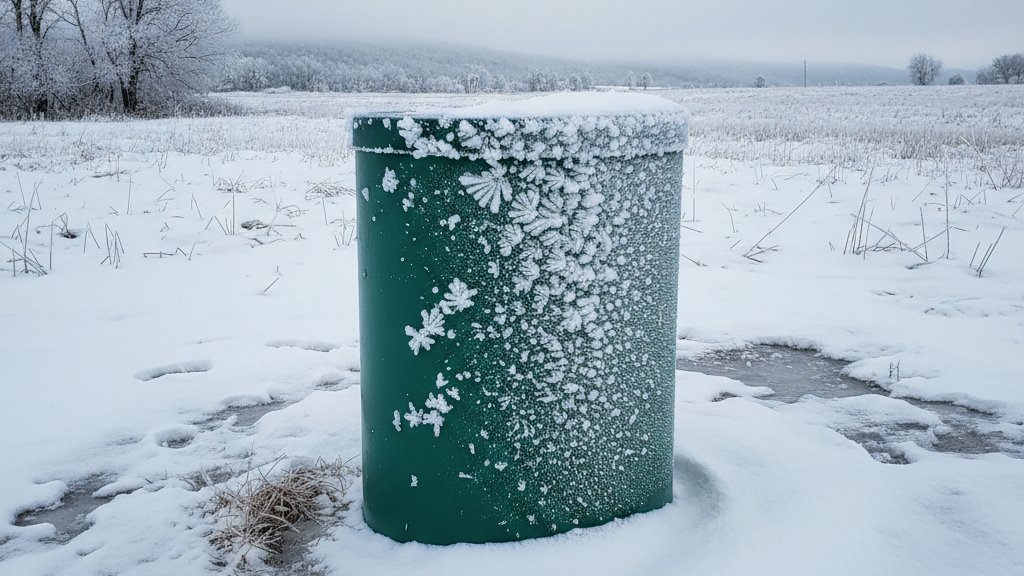 Septic tank riser covered in frost and surrounded by snow during cold weather