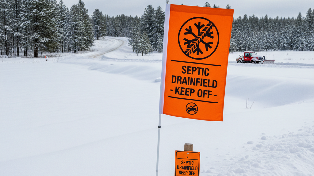 Flagged septic drainfield marked to prevent winter damage from traffic