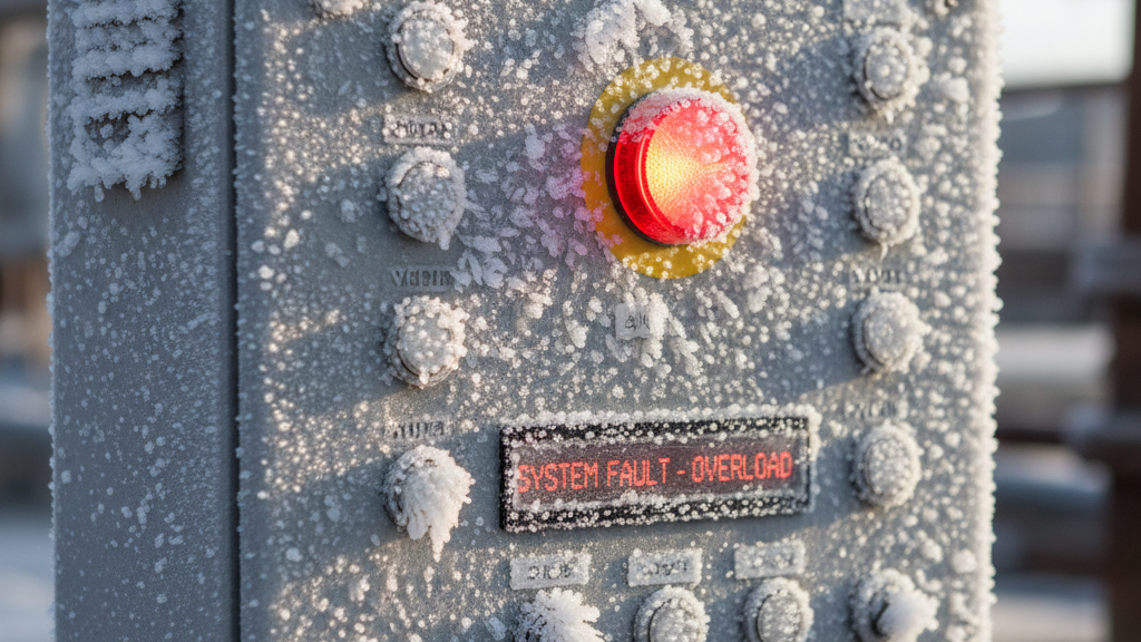 Wastewater system control panel showing active alarm light and frost buildup