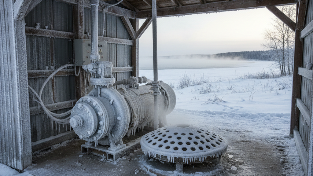 Wastewater system pump winterized in a shed with visible frost protection