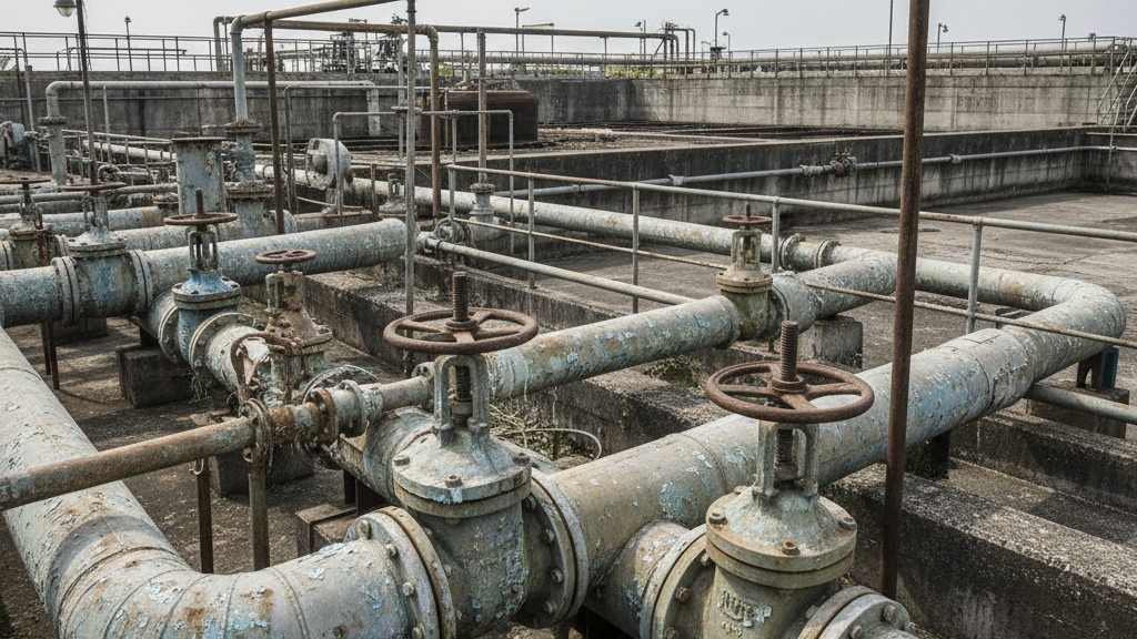 Aging wastewater system infrastructure showing wear and deterioration from long-term neglect