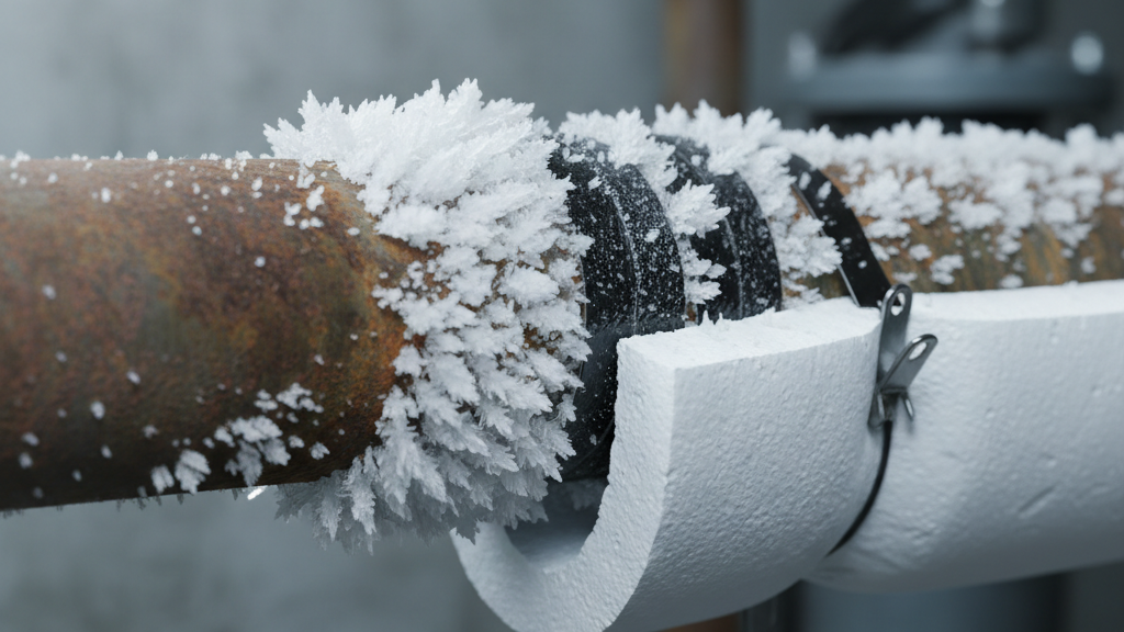 Frosted plumbing pipe being prepared for safe thawing in winter conditions