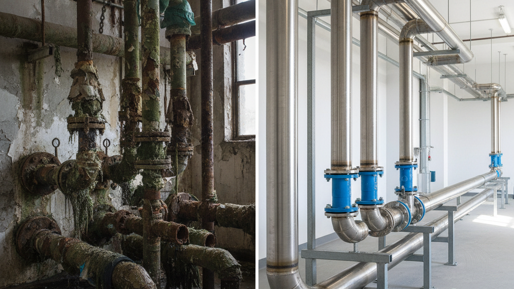 Comparison of neglected wastewater system pipes versus upgraded modern infrastructure