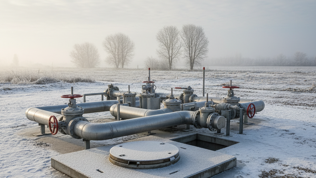 Wastewater system piping and access point in winter conditions for January check-up